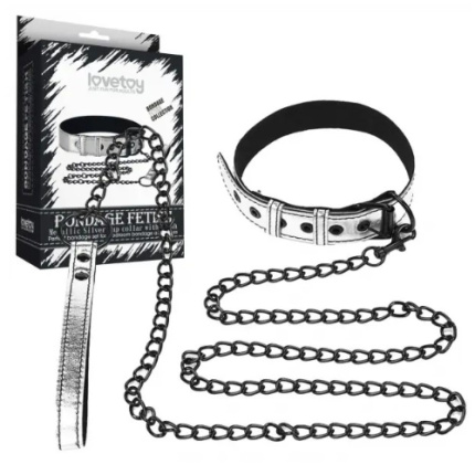 LOVETOY Bondage Fetish μεταλλικό ασημί κολλάρο Pup με λουρί