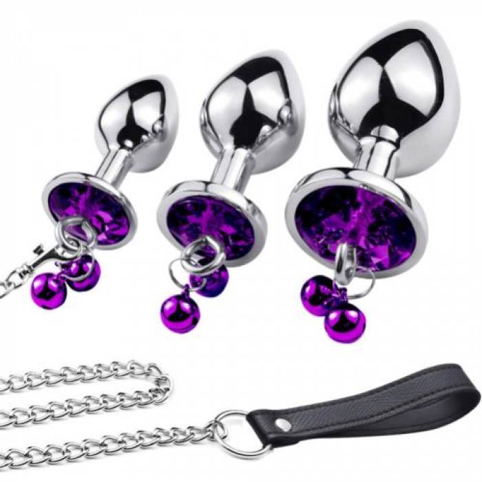 Shape Crystal Jewelled Stainless Steel Anal Plug with Bell & Leash S - Image 6