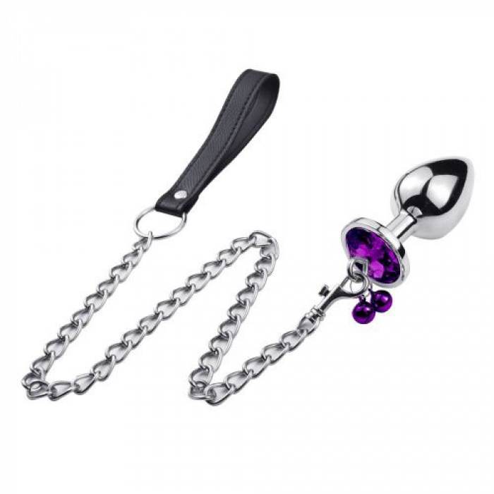 Shape Crystal Jewelled Stainless Steel Anal Plug with Bell & Leash S - Image 3