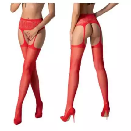 PASSION - S028 RED STOCKINGS WITH GARTER ONE SIZE